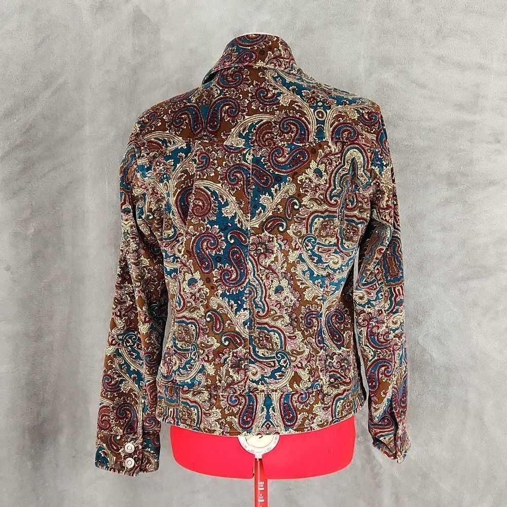 *Paisley Print Jacket Women’s Medium Brown Blue Button Front Stretch Blazer Boho - Picture 3 of 13